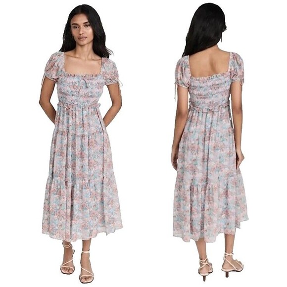 NWT En Saison Adelina Smocked Floral Tiered Midi Dress Coral Size Small - Picture 1 of 11